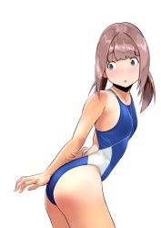 Rule 34 | 1girl, arms behind back, ass, black eyes, blunt bangs, blush, brown hair, competition swimsuit, cowboy shot, from side, leaning forward, long hair, looking back, one-piece swimsuit, open mouth, original, simple background, skindentation, solo, standing, swimsuit, tani (y/s/k), twintails, white background
