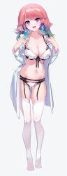 Rule 34 | 1girl, :3, :d, bra, breasts, cleavage, collarbone, earrings, front-tie bra, front-tie top, full body, garter belt, gluteal fold, gradient hair, groin, hands up, highres, hololive, hololive english, jacket, jewelry, long hair, long sleeves, looking at viewer, medium breasts, multicolored hair, nail polish, navel, no shoes, open clothes, open jacket, open mouth, orange hair, panties, pink eyes, simple background, smile, solo, standing, stomach, takanashi kiara, thighhighs, thighs, two-tone hair, underwear, virtual youtuber, white background, white bra, white jacket, white panties, white thighhighs, yaguo