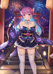 Rule 34 | 1girl, absurdres, aerial fireworks, ahoge, bad id, bad pixiv id, bare shoulders, black skirt, blue hair, blurry, breasts, chestnut mouth, cleavage, colored inner hair, dango, earrings, feet out of frame, fireworks, floral print, flower, food, frilled skirt, frills, fur collar, hair flower, hair ornament, hairpin, highres, hokori sakuni, holding, holding food, hololive, japanese clothes, jewelry, kanzashi, lamp, lantern, large breasts, long hair, long sleeves, looking at viewer, minato aqua, miniskirt, multicolored hair, night, nontraditional miko, obi, off shoulder, open mouth, outdoors, paper lantern, pink flower, purple eyes, purple hair, rose, sanshoku dango, sash, skirt, solo, standing, streaked hair, tassel, thighhighs, two-tone hair, virtual youtuber, wagashi, white thighhighs, wide sleeves, zettai ryouiki