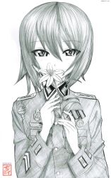 Rule 34 | 1girl, absurdres, aiguillette, alternate costume, artist logo, artist name, award ribbon, commentary request, epaulettes, flower, girls und panzer, graphite (medium), greyscale, half-closed eyes, highres, holding, holding flower, insignia, lily (flower), long sleeves, looking at viewer, military, military uniform, monochrome, nishizumi maho, sekirei tessar, short hair, solo, traditional media, uniform, upper body