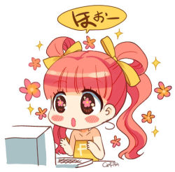 Rule 34 | 1girl, :o, bare shoulders, black eyes, blush stickers, chibi, computer, flower, flower-shaped pupils, keyboard (computer), long hair, lowres, mao yu, no nose, open mouth, original, personification, pink hair, pixa, signature, solo, sparkle, symbol-shaped pupils, twintails