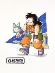 Rule 34 | 2boys, a24wks, artist name, black hair, boots, bulging eyes, commentary request, dragon ball, dragon ball (classic), drooling, eye pop, frown, highres, long hair, male focus, marker (medium), multiple boys, neckerchief, night, night sky, official style, open mouth, orange neckerchief, pink hair, puar, sky, slouching, star (sky), starry sky, toriyama akira (style), traditional media, watermark, yamcha