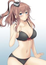 Rule 34 | 1girl, arm up, black bra, black panties, blue eyes, blush, bow, bow bra, bow panties, bra, bra strap, breasts, brown hair, cleavage, closed mouth, collarbone, feet out of frame, highres, kantai collection, long hair, looking at viewer, medium breasts, navel, panties, rei (09991), saratoga (kancolle), simple background, sitting, solo, underwear