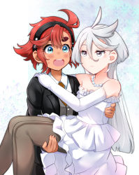 Rule 34 | 2girls, ahoge, bridal gauntlets, bride, carrying, dark-skinned female, dark skin, dress, elbow gloves, female focus, gloves, green eyes, grey eyes, groom, gundam, gundam suisei no majo, hairband, jewelry, kurose yuuki, long hair, looking at another, miorine rembran, multiple girls, necklace, necktie, open mouth, pantyhose, pearl necklace, princess carry, red hair, simple background, suletta mercury, sweat, teeth, thick eyebrows, tuxedo, upper teeth only, wedding dress, white gloves, white hair, yuri