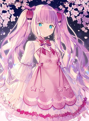 Rule 34 | 1girl, blue eyes, blush, bow, branch, breasts, cherry blossoms, closed mouth, commentary request, dress, flower, hair bow, hair ornament, hatsune miku, highres, ikari (aor3507), long hair, long sleeves, nail polish, petals, pink bow, pink dress, pink flower, pink hair, red bow, red nails, sakura miku, see-through, small breasts, smile, solo, twintails, twitter username, very long hair, vocaloid, wide sleeves