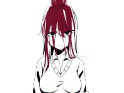 Rule 34 | 1girl, blood, blood in hair, blood on clothes, blood on face, breasts, collared shirt, doki doki literature club, frown, hair intakes, hair ornament, hairclip, highres, large breasts, long hair, looking at viewer, monochrome, saihara homare, shirt, solo, spot color, sweatdrop, yuri (doki doki literature club)
