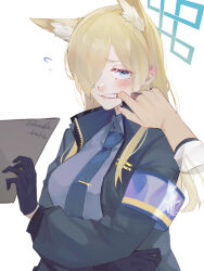 Rule 34 | 1girl, animal ear fluff, animal ears, armband, artist name, black gloves, blonde hair, blue archive, blue armband, blue eyes, blue necktie, blue shirt, blush, breasts, disembodied hand, dog ears, ear blush, finger in another&#039;s mouth, flying sweatdrops, gloves, halo, highres, holding, holding paper, kanna (blue archive), long hair, long sleeves, medium breasts, mouth pull, necktie, paper, sharp teeth, shirt, teeth, tie clip, twitter username, white background, zunda kaku