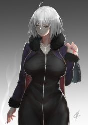 Rule 34 | 1girl, ahoge, black dress, black jacket, breasts, closed mouth, cowboy shot, dress, fate/grand order, fate (series), fur trim, hayabusa, highres, jacket, jeanne d&#039;arc (fate), jeanne d&#039;arc alter (fate), jeanne d&#039;arc alter (ver. shinjuku 1999) (fate), jewelry, large breasts, long sleeves, looking at viewer, official alternate costume, open clothes, open jacket, pendant, short hair, silver hair, solo, yellow eyes