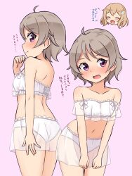 Rule 34 | 2girls, absurdres, aona (shiraha maru), ass, ayame (shiraha maru), back, blush, bra, breasts, closed eyes, closed mouth, commentary request, frilled bra, frilled panties, frills, frown, grey hair, hair ornament, hairclip, highres, leaning forward, light brown hair, lingerie, looking at viewer, looking back, multiple girls, multiple views, navel, open mouth, original, panties, partial commentary, purple background, purple eyes, see-through, see-through skirt, shiraha maru, short hair, skirt, skirt tug, small breasts, smile, standing, strapless, strapless bra, translated, underwear, white bra, white panties