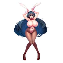 Rule 34 | 1girl, animal ears, armpits, arms up, big hair, blue eyes, blue hair, bow, bowtie, breasts, brown pantyhose, cleavage, collar, covered navel, curvy, detached collar, detached sleeves, fake animal ears, full-length zipper, full body, game cg, gluteal fold, high heels, highleg, highleg leotard, highres, huge breasts, knees together feet apart, last origin, leotard, linea alba, long hair, looking at viewer, name tag, neck ribbon, oberonia rhea, official alternate costume, official art, open mouth, pantyhose, partially unzipped, piercing, playboy bunny, rabbit ears, rabbit pose, red footwear, red ribbon, ribbon, shoes, simple background, snowball22, solo, standing, strapless, strapless leotard, tachi-e, thigh gap, thighs, transparent background, very long hair, white collar, white leotard, zipper