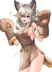 Rule 34 | 1girl, :3, :d, animal ear fluff, animal ears, animal hands, bad id, bad pixiv id, bare shoulders, breasts, brown eyes, commentary request, cowboy shot, dress, fang, flower, gloves, granblue fantasy, hair between eyes, hair flower, hair ornament, hands up, highres, jewelry, koretsuki azuma, large breasts, long hair, looking at viewer, necklace, no panties, open mouth, paw gloves, sen (granblue fantasy), sideboob, silver hair, single-shoulder dress, single strap, smile, solo, sparkle, standing, tail, thighs, white flower