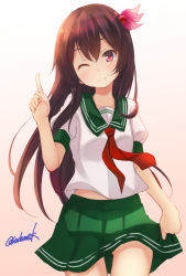 Rule 34 | 1girl, black thighhighs, brown hair, commentary request, green sailor collar, green skirt, hair ornament, highres, index finger raised, kamijou sadame, kantai collection, kisaragi (kancolle), kisaragi kai ni (kancolle), long hair, looking at viewer, neckerchief, one-hour drawing challenge, pleated skirt, red eyes, red neckerchief, sailor collar, school uniform, serafuku, simple background, skirt, smile, solo, thighhighs, twitter username, white background