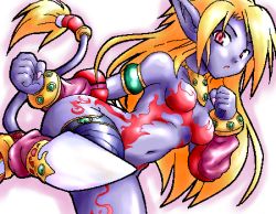 Rule 34 | 1girl, alternate form, animal ears, blonde hair, breasts, breath of fire, breath of fire ii, capcom, cat ears, closed hand, colored skin, furry, furry female, jewelry, lowres, medium breasts, navel, no bra, no panties, pointy ears, purple skin, rinpoo chuan, tail