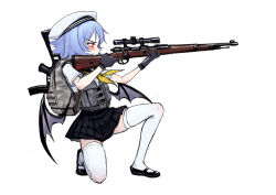 Rule 34 | 1girl, alternate costume, apron, backpack, bag, bat wings, black footwear, black skirt, blue hair, bolt action, commentary request, fkey, from side, gun, hat, maid apron, mary janes, mauser 98, pleated skirt, red eyes, remilia scarlet, rifle, sailor hat, school uniform, serafuku, shoes, short hair, short sleeves, simple background, skirt, solo, thighhighs, touhou, vest, weapon, white background, white thighhighs, wings, yellow neckwear, zettai ryouiki