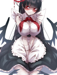 Rule 34 | 1girl, alternate costume, antenna hair, apron, black dress, black hair, blue archive, blush, breasts, cleavage, closed mouth, dress, enmaided, feet out of frame, frilled apron, frills, highres, komena (shinyday312), large breasts, long hair, maid, maid apron, maid headdress, outdoors, red eyes, short sleeves, solo, tsurugi (blue archive), white apron