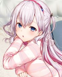 Rule 34 | 1girl, bad id, bad twitter id, blue eyes, blush, breasts, commentary request, couch, gradient hair, hair between eyes, hairband, komeshiro kasu, long sleeves, looking at viewer, lying, medium breasts, multicolored hair, musubime yui, on stomach, one side up, pink hair, pink hairband, pink shirt, saikyou virtual talent audition, shirt, sidelocks, sleeves past wrists, tareme, virtual youtuber