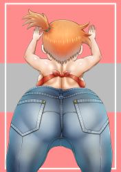 Rule 34 | 1girl, absurdres, ass, back, backboob, bad anatomy, bare shoulders, breasts, creatures (company), denim, from behind, game freak, highres, huge ass, jeans, leaning, leaning forward, misty (pokemon), nintendo, nohohon, orange hair, pants, pokemon, pokemon lgpe, shiny clothes, shiny skin, short hair, side ponytail, solo