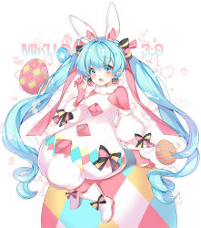 Rule 34 | 1girl, ahoge, animal ears, argyle, argyle clothes, argyle cutout, black bow, blue eyes, blue hair, boots, bow, character name, clothing cutout, dated, easter, easter egg, egg, english text, full body, hatsune miku, highres, long hair, multicolored bow, pingo, rabbit ears, red bow, sitting, solo, twintails, vocaloid, wavy hair, yellow bow