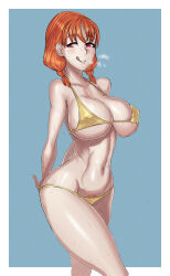 Rule 34 | 1girl, absurdres, arms behind back, bikini, blue background, blush, border, breasts, breath, cleavage, closed mouth, collarbone, eyelashes, highres, jeaike art, large breasts, looking at viewer, love live!, love live! sunshine!!, navel, orange hair, red eyes, short twintails, simple background, smile, stomach, sweat, swimsuit, takami chika, thick thighs, thighs, tongue, tongue out, twintails, underboob, walking, white border, yellow bikini