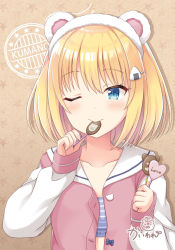 Rule 34 | 1girl, animal ears, bear ears, blonde hair, blue bra, blue eyes, blush, bra, candy, closed mouth, collarbone, commentary request, fake animal ears, food, food-themed hair ornament, hair between eyes, hair ornament, hairband, hairclip, hands up, highres, holding, holding candy, holding food, holding lollipop, jacket, kaiware-san, lollipop, long sleeves, looking at viewer, one eye closed, onigiri hair ornament, open clothes, open jacket, original, pink jacket, sailor collar, sleeves past wrists, solo, striped bra, striped clothes, underwear, upper body, white hairband, white sailor collar