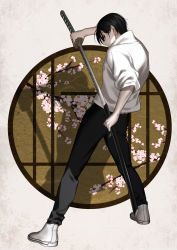 Rule 34 | 1boy, arkray, black hair, black pants, cherry blossoms, floral background, from behind, full body, grey eyes, hair between eyes, high collar, highres, holding, holding sword, holding weapon, jujutsu kaisen, katana, looking at viewer, male focus, okkotsu yuuta, outstretched arm, pants, round window, shadow, sheath, shirt, shoes, short hair, short sleeves, sneakers, standing, sword, weapon, white background, white footwear, white shirt, window