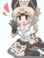 Rule 34 | 1girl, :d, animal ear fluff, animal ears, animal print, blush stickers, bodystocking, bow, bowtie, breast pocket, brown eyes, brown hair, chibi, cutoffs, fur collar, gloves, grey hair, hand up, hyena ears, hyena girl, hyena tail, kemono friends, layered sleeves, light brown hair, long hair, long sleeves, looking at viewer, multicolored hair, open mouth, outstretched hand, pocket, print sleeves, shirt, shoes, short over long sleeves, short shorts, short sleeves, shorts, sitting, smile, solo, spotted hyena (kemono friends), spread fingers, tail, white shirt, wirou