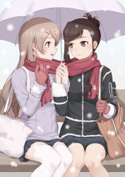 Rule 34 | 2girls, anarchojs, bench, black jacket, black shorts, black skirt, blonde hair, brown bag, brown eyes, brown gloves, brown hair, copyright request, gloves, hair bun, hair ornament, hairclip, highres, holding hands, jacket, long hair, looking at another, multiple girls, red scarf, scarf, shared clothes, shared scarf, short hair, shorts, shorts under skirt, siblings, single hair bun, sisters, sitting, skirt, smile, thighhighs, white bag, white legwear