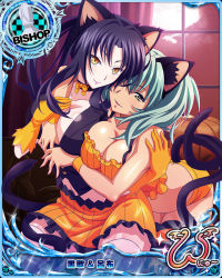 Rule 34 | 00s, 10s, 2girls, animal ears, artist request, black hair, breasts, card (medium), cat ears, cat tail, character name, chess piece, crossover, gloves, green eyes, green hair, halloween, high school dxd, high school dxd new, ikkitousen, ikkitousen great guardians, kuroka (high school dxd), large breasts, midriff, multiple girls, multiple tails, official art, one eye closed, orange gloves, ryofu housen, tail, thighhighs, trading card, twintails, wristband, yellow eyes