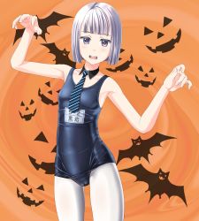 Rule 34 | 1girl, absurdres, bat (animal), blue one-piece swimsuit, blunt bangs, breasts, cameltoe, cowboy shot, curled fingers, detached sleeves, fangs, halloween, highres, looking at viewer, name tag, necktie, old school swimsuit, one-piece swimsuit, orange background, original, pantyhose, pantyhose under swimsuit, purple eyes, school swimsuit, short hair, silver hair, small breasts, solo, standing, striped necktie, striped neckwear, swimsuit, takafumi, vampire, white pantyhose