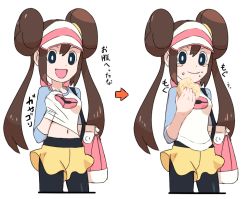 Rule 34 | 1girl, :d, arrow (symbol), bad id, bad pixiv id, bag, black pantyhose, blue eyes, bread, breasts, bright pupils, brown hair, closed mouth, cowboy shot, creatures (company), double bun, eating, food, food on face, game freak, hair between eyes, hair bun, handbag, legs apart, long hair, long sleeves, medium breasts, melon bread, navel, nintendo, nyonn24, open mouth, pantyhose, pantyhose under shorts, pokemon, pokemon bw2, raglan sleeves, rosa (pokemon), shorts, simple background, smile, solo, standing, stomach, tears, translation request, twintails, visor cap, white background, white pupils, yellow shorts