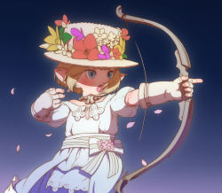 Rule 34 | 10s, 1girl, bare shoulders, blonde hair, blue eyes, bow (weapon), dress, earrings, feral lemma, final fantasy, final fantasy xiv, fingerless gloves, flower, gloves, hat, jewelry, lalafell, nail polish, necklace, open mouth, petals, pointy ears, puffy short sleeves, puffy sleeves, short hair, short sleeves, solo, straw hat, warrior of light (ff14), weapon