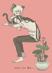Rule 34 | 2boys, animal ears, barefoot, black hair, black pants, cat boy, cat ears, cat tail, child, dated, flower, highres, invisible chair, leaf, long hair, luo xiaohei, luo xiaohei (human), luo xiaohei zhanji, mugi-co, multiple boys, pants, pink background, pink flower, plant, potted plant, shirt, short hair, short sleeves, simple background, sitting, sleeveless, tail, tongue, tongue out, very long hair, white hair, white shirt, wuxian (the legend of luoxiaohei)
