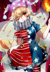 Rule 34 | 1girl, blonde hair, blue dress, blue pantyhose, circus, closed mouth, clothes lift, clownpiece, commentary, confetti, curtains, dress, dress lift, english commentary, fairy, fairy wings, fire, frilled dress, frilled sleeves, frills, hat, highres, holding, holding torch, jester cap, lifting own clothes, long hair, looking at viewer, marking on cheek, neck ruff, one eye closed, pantyhose, polka dot headwear, pom pom (clothes), puffy short sleeves, puffy sleeves, purple hat, red dress, red eyes, red pantyhose, short dress, short sleeves, smile, solo, star (symbol), star print, striped clothes, striped dress, striped pantyhose, suzune hapinesu, teardrop facial mark, torch, touhou, two-tone dress, two-tone pantyhose, wings