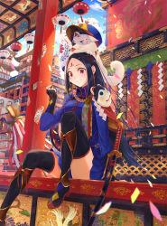 Rule 34 | 1girl, architecture, banner, black hair, black thighhighs, blue hat, blue sky, capelet, chinese zodiac, cloud, day, dog, east asian architecture, facial mark, hat, highres, indoors, katana, knee up, lantern, long hair, mask, miniskirt, motion blur, original, outdoors, paper lantern, para sitism, peaked cap, red eyes, sheath, sheathed, shide, shrine, sitting, skirt, sky, solo, sword, tagme, tapestry, thighhighs, thighs, unworn mask, very long hair, weapon, whistle, year of the dog