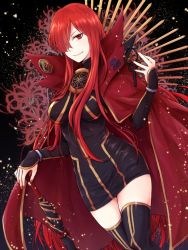 Rule 34 | black background, black thighhighs, breasts, cape, dress, fate/grand order, fate (series), gold trim, hair over one eye, large breasts, long hair, oda nobunaga (fate), oda nobunaga (maou avenger) (fate), one eye covered, ornament, red cape, red eyes, red hair, simple background, smile, smug, solo, thighhighs, tight clothes, tight dress, umbrella, very long hair, weapon