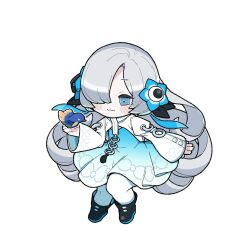 Rule 34 | 1girl, :3, akichi 360, black footwear, blue dress, blue eyes, blue flower, blue hair, blush, boots, chibi, closed mouth, curly hair, dress, fish, fish request, flower, full body, grey hair, hair flower, hair ornament, hair over one eye, hand up, highres, isekai joucho, kamitsubaki studio, long hair, long sleeves, looking at animal, multicolored hair, pantyhose, shrug (clothing), simple background, smile, solo, streaked hair, very long hair, virtual youtuber, white pantyhose, wide sleeves