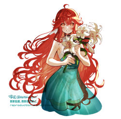 Rule 34 | 1girl, absurdres, artist name, bare shoulders, chinese text, commentary, commission, cowboy shot, crossed bangs, curly hair, dress, english text, flower, green dress, hair between eyes, hanamiya unagi, highres, holding, holding flower, indie virtual youtuber, light blush, lily (flower), long hair, looking at viewer, origami, red eyes, red hair, see-through, see-through dress, simple background, skeb commission, skirt, solo, sugomori tsuru (hana tsuru wo), thigh strap, very long hair, virtual youtuber, white background, white skirt