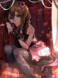 Rule 34 | 1girl, arm rest, baba konomi, bad id, bad twitter id, bare shoulders, blue eyes, braid, brown hair, commentary request, dress, flower, frills, gloves, hair flower, hair ornament, hamada (super tachioyogi kyousou), idolmaster, idolmaster million live!, looking at viewer, pantyhose, pink dress, single glove, sitting, smile, solo, strapless, strapless dress