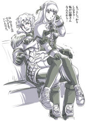 Rule 34 | 1boy, 1girl, ass, breasts, brother and sister, commentary request, gloves, long hair, makkore tarou, monochrome, patroklos alexander, pyrrha alexandra, siblings, simple background, sitting, sitting on lap, sitting on person, skirt, soul calibur, soulcalibur, soulcalibur v, thighhighs, trembling
