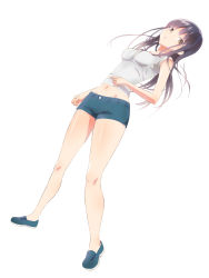 Rule 34 | 1girl, ayamoto, black hair, breasts, brown eyes, denim, denim shorts, full body, highres, loafers, long hair, looking at viewer, midriff, navel, open mouth, original, shoes, shorts, sleeveless, solo, tank top