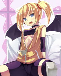 Rule 34 | 1girl, aq interactive, arcana heart, atlus, ban (bannyata), bat wings, bike shorts, blonde hair, blue eyes, breasts, choker, demon girl, earrings, examu, fang, highres, jewelry, lilica felchenerow, pointy ears, short twintails, sitting, small breasts, smile, solo, strapless, tube top, twintails, underboob, unzipped, wings, zipper