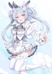 Rule 34 | 1girl, animal ears, boots, breasts, commission, cropped jacket, crown hair ornament, fur-trimmed jacket, fur trim, grey eyes, grey hair, heterochromia, highres, indie virtual youtuber, jacket, kimino aruji, kurage cc, large breasts, long hair, purple eyes, rabbit ears, skeb commission, solo, thigh strap, thighhighs, twintails, virtual youtuber, white footwear, white jacket, white thighhighs