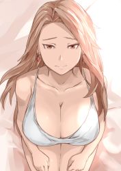 Rule 34 | 1girl, bad id, bad pixiv id, breasts, brown eyes, brown hair, cafekun, cleavage, clenched hands, earrings, granblue fantasy, highres, jewelry, katalina (granblue fantasy), large breasts, long hair, looking at viewer, red eyes, seiza, sitting, solo, thigh gap