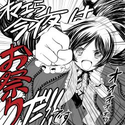Rule 34 | 00s, 1girl, clenched hand, collar, dress, emphasis lines, frills, head scarf, long hair, looking at viewer, monochrome, open mouth, punching, rozen maiden, saiguchi otoufu, solo, suiseiseki, translation request, very long hair
