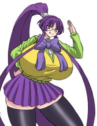 Rule 34 | 1girl, absurdres, bow, bowtie, breasts, deculture, eiken, feet out of frame, gigantic breasts, glasses, highres, long hair, misono kirika, ponytail, purple eyes, purple hair, second-party source, skindentation, skirt, thick thighs, thighhighs, thighs, tongue, tongue out, very long hair, vest