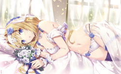 Rule 34 | 1girl, :o, alice zuberg, bare shoulders, blonde hair, blue eyes, bouquet, bra, breasts, bride, cleavage, flower, gabiran, hair flower, hair ornament, hairband, highres, long hair, looking at viewer, lying, medium breasts, navel, on side, panties, parted lips, purple thighhighs, rose, single thighhigh, solo, stomach, sword art online, thigh strap, thighhighs, thighs, underwear, underwear only, veil, white bra, white flower, white panties, wrist cuffs