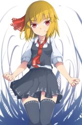 Rule 34 | 1girl, blonde hair, cross, darkness, artistic error, fang, fang out, hair ribbon, highres, inverted cross, necktie, red eyes, red necktie, ribbon, rumia, shirt, short hair, skirt, smile, thighhighs, touhou, uumaru1869, vest, zettai ryouiki