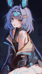 Rule 34 | 1girl, absurdres, ahoge, animal ears, blue hair, blush, breasts, heterochromia, highres, indie virtual youtuber, jacket, jacket partially removed, legs, light blue hair, looking at viewer, medium breasts, naokomama, open mouth, sayu sincronisity, sitting, tattoo, virtual youtuber