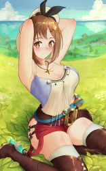 Rule 34 | 1girl, armpits, arms behind head, atelier (series), atelier ryza, atelier ryza 1, belt, black ribbon, blue belt, blue sky, blush, breasts, bridal legwear, brown belt, brown hair, cleavage, closed mouth, cloud, commentary, day, flask, grass, hair ornament, hair ribbon, hairclip, hat, highres, ippers, jewelry, large breasts, leather belt, necklace, red shorts, reisalin stout, ribbon, round-bottom flask, scenery, short shorts, shorts, sitting, sky, smile, star (symbol), star necklace, tank top, thighhighs, thighs, vial, wariza, water, white hat
