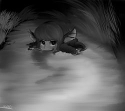Rule 34 | 1girl, drill hair, drill sidelocks, face, fins, greyscale, head fins, highres, kelbhin, looking at viewer, mermaid, misty lake, monochrome, monster girl, partially submerged, sidelocks, touhou, wakasagihime, water